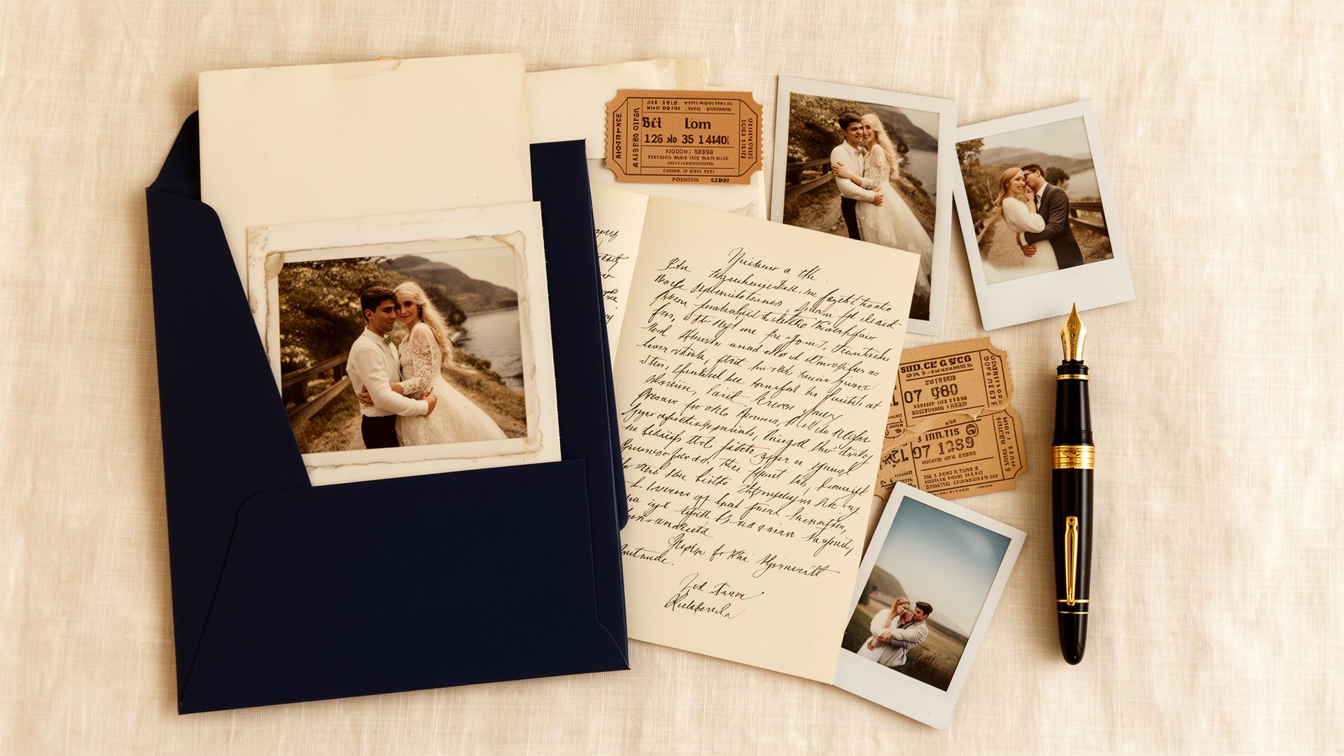 Archival evidence flat-lay: photographs, letters, ticket stubs